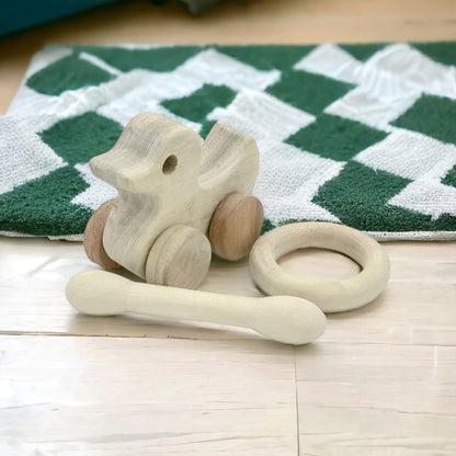 Organic & Healthy Pull Toy | Teethers Set - Duck, Dumbbell & Ring Shape – Wooden Toys on Brown Living™. SKU: WT_DK-DBL-RNG. Img 1.