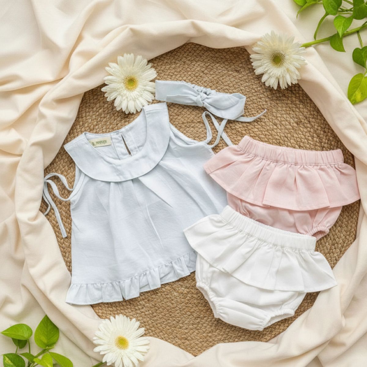 Organic Hemp Baby Gift Set Blue Top Pink & White Bloomers – Kids Daywear Sets on Brown Living™. SKU: BGF-0-3M. Img 1.