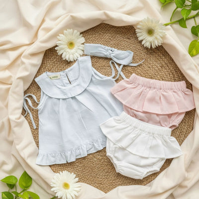 Organic Hemp Baby Gift Set Blue Top Pink & White Bloomers – Kids Daywear Sets on Brown Living™. SKU: BGF-0-3M. Img 1.