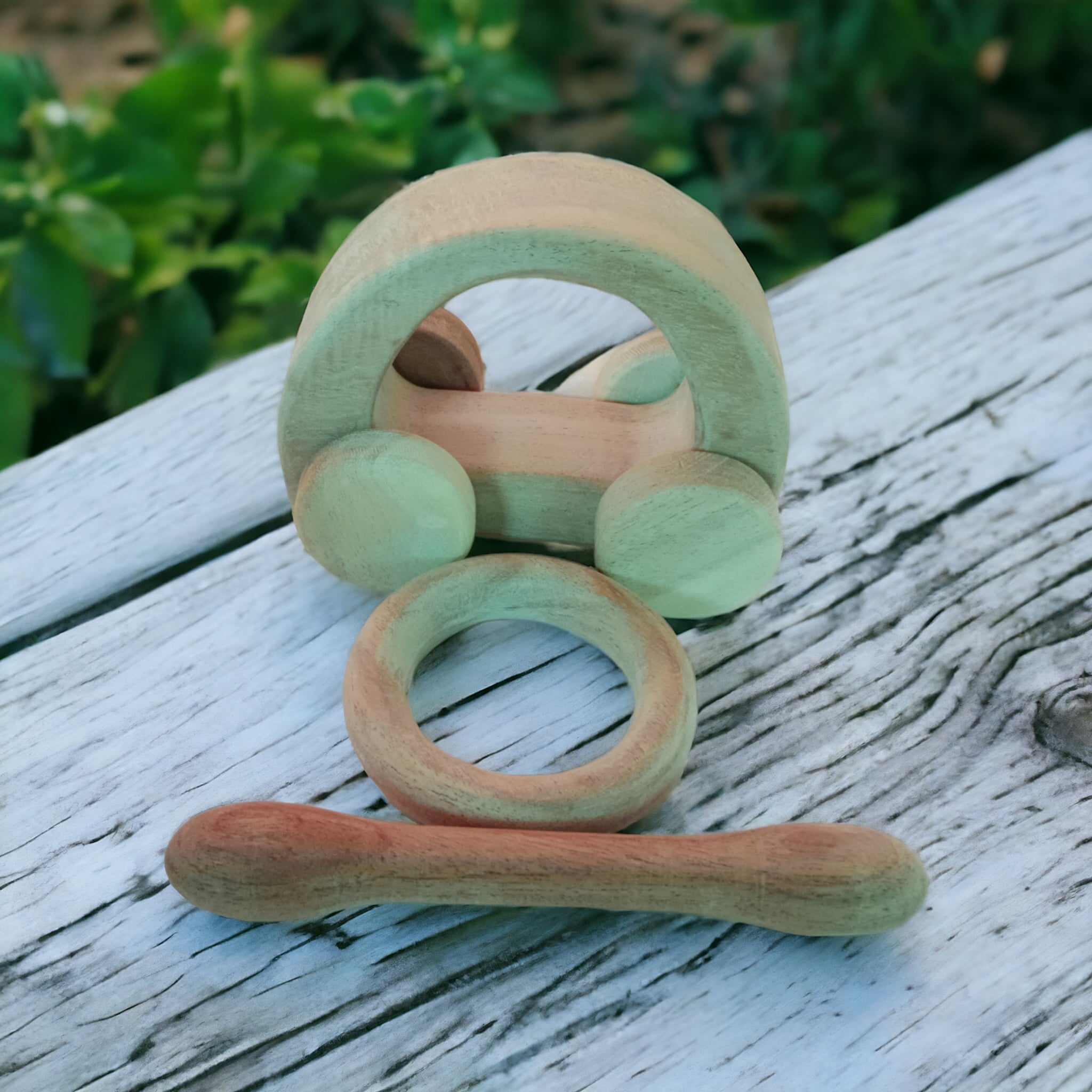 Organic Neem Combo Set Of Hollow Car, Ring & Dumbbell Teethers – Wooden Toys on Brown Living™. SKU: WT_HCR-RNG-DBL. Img 2.
