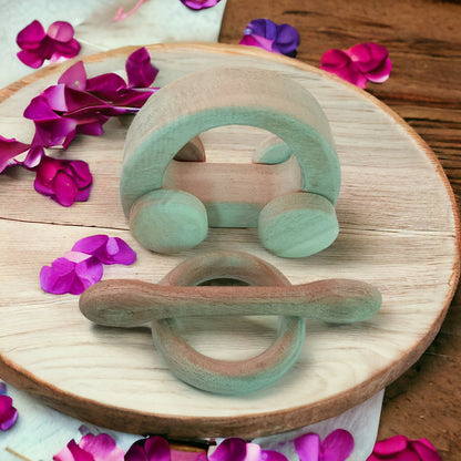 Organic Neem Combo Set Of Hollow Car, Ring & Dumbbell Teethers – Wooden Toys on Brown Living™. SKU: WT_HCR-RNG-DBL. Img 1.