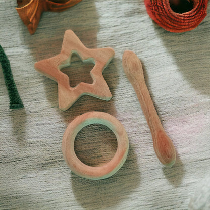 Organic Neem Wooden Teething Toys – Star, Dumbbell & Ring Shapes – Baby Teethers & Soothers on Brown Living™. SKU: T_STR-DBL-RNG. Img 4.