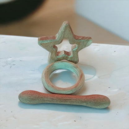 Organic Neem Wooden Teething Toys – Star, Dumbbell & Ring Shapes – Baby Teethers & Soothers on Brown Living™. SKU: T_STR-DBL-RNG. Img 5.