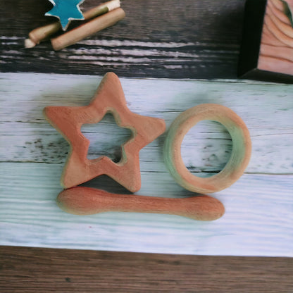 Organic Neem Wooden Teething Toys – Star, Dumbbell & Ring Shapes – Baby Teethers & Soothers on Brown Living™. SKU: T_STR-DBL-RNG. Img 2.