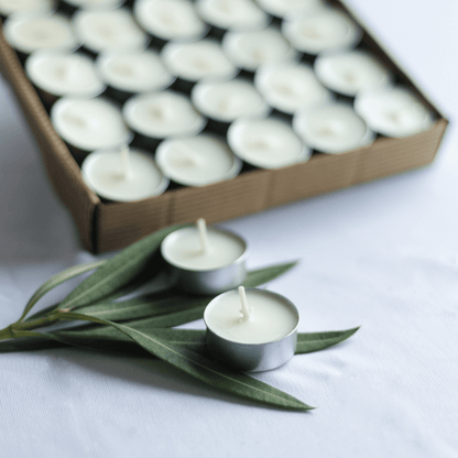 Organic Soy Wax Tea Lights – Set of 50 – Candles & Fragrances on Brown Living™. SKU: SN12120. Img 1.