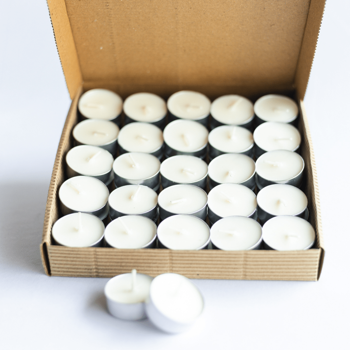 Organic Soy Wax Tea Lights – Set of 50 – Candles & Fragrances on Brown Living™. SKU: SN12120. Img 3.