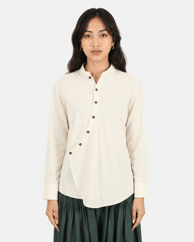 Overlap Cotton Shirt – Modern Draped Cotton Shirt for Everyday Style – Womens Shirt on Brown Living™. SKU: ACB2026005. Img 4.