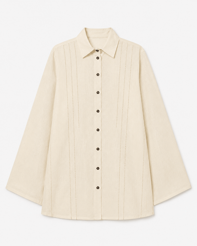 Oversized Pintucked Tunic – Relaxed Fit Elegant Tunic for Modern Wear – Womens Shirt on Brown Living™. SKU: ACR2026005. Img 1.