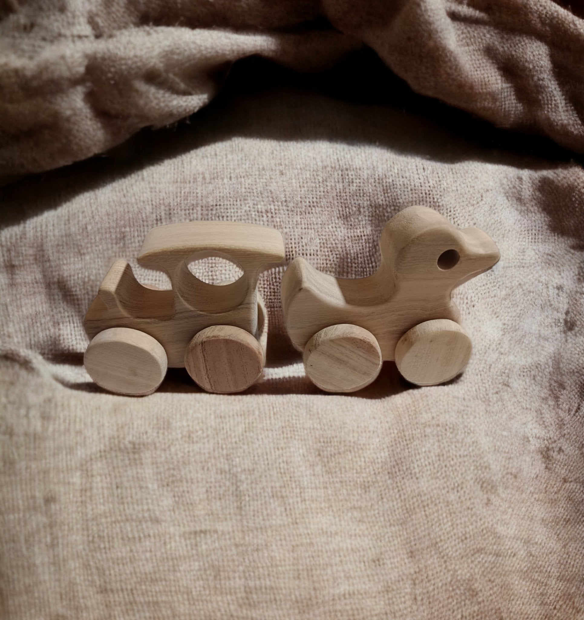Pack Of 2 Beautiful Neem Wooden Wheel Toys – Train & Duck Shapes – Toy Trains & Vehicles on Brown Living™. SKU: W_TRN-DK. Img 1.