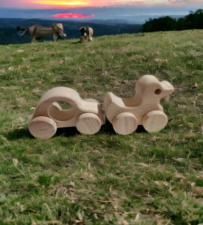 Pack Of 2 Neem Wooden Wheel Toys – Car & Duck Shapes For Toddlers – Toy Trains & Vehicles on Brown Living™. SKU: W_CR-DK. Img 3.