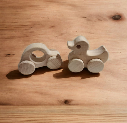 Pack Of 2 Neem Wooden Wheel Toys – Car & Duck Shapes For Toddlers – Toy Trains & Vehicles on Brown Living™. SKU: W_CR-DK. Img 2.