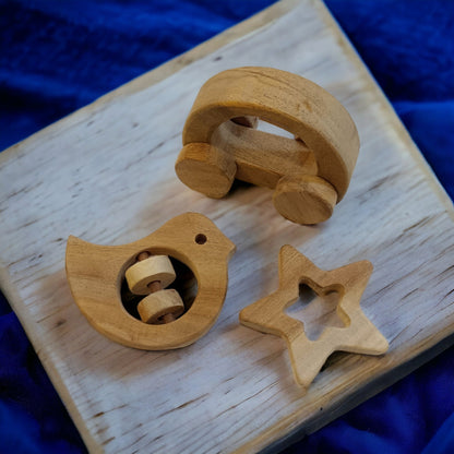 Pack Of 3 Neem Wooden Wheel Toy, Rattle & Teether For Babies – Wooden Toys on Brown Living™. SKU: WRT_HCR-DV-STR. Img 2.