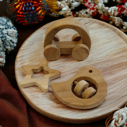 Pack Of 3 Neem Wooden Wheel Toy, Rattle & Teether For Babies – Wooden Toys on Brown Living™. SKU: WRT_HCR-DV-STR. Img 5.