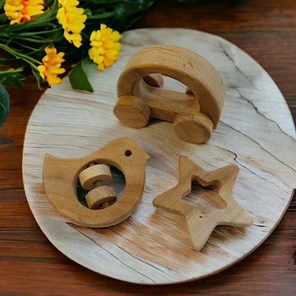 Pack Of 3 Neem Wooden Wheel Toy, Rattle & Teether For Babies – Wooden Toys on Brown Living™. SKU: WRT_HCR-DV-STR. Img 1.