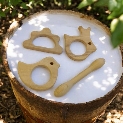 Pack Of 4 Neem Wooden Teethers For Babies Aged 0 To 3 Years – Baby Teethers & Soothers on Brown Living™. SKU: T_DBL-DV-CLD-RBT. Img 1.