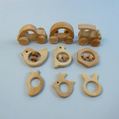 Pack of 9 Neem Wooden Baby Toys | Wheel, Rattle & Teether Set – Wooden Toys on Brown Living™. SKU: WRT_CR-HCR-TRN-DV-SPR-HXN-MNG-RBT-BNY. Img 2.