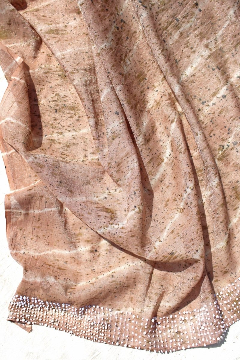 Padmavat - Natural Tie Dyed Hand Printed Pure Zari Chanderi Saree - Blush Pink | Verified Sustainable by Brown Living™