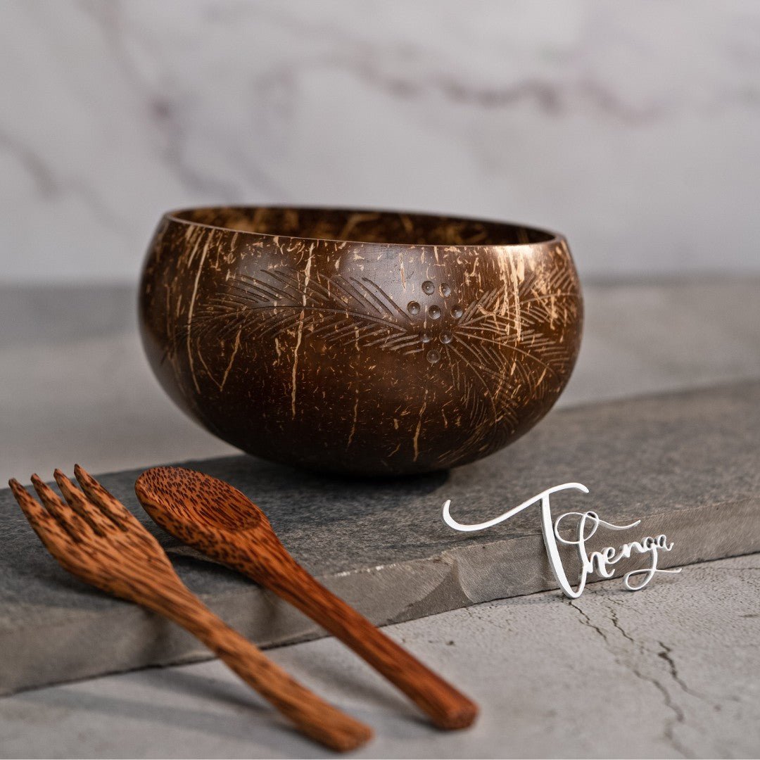 Palm Leaf Jumbo Coconut Bowl - 900 ML, 1 Bowl with Spoon and Fork – Serving Set on Brown Living™. SKU: 173 - 13435 - THENGA17. Img 3.