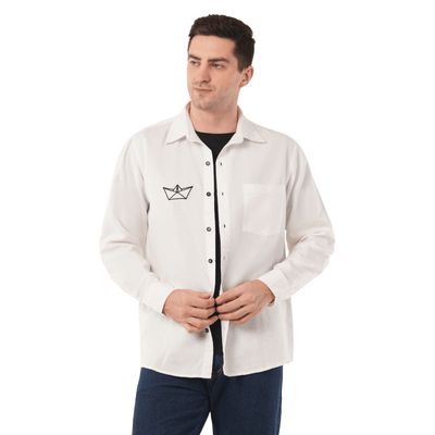 Paper Boat | Embroidery | Hemp Cotton Sustainable Shirt | Men – Men Shirt on Brown Living™. SKU: PaperBoat-S. Img 1.