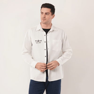 Paper Boat | Embroidery | Hemp Cotton Sustainable Shirt | Men – Men Shirt on Brown Living™. SKU: PaperBoat-S. Img 4.