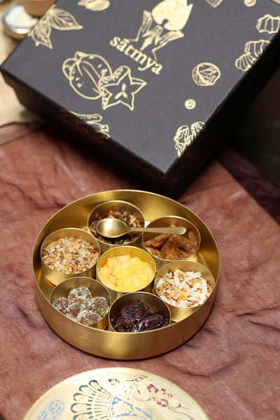 Paramparā Box | Handcrafted Brass Mukhwas Box for Traditional Serving – Gift Box on Brown Living™. SKU: Param_500gms. Img 3.