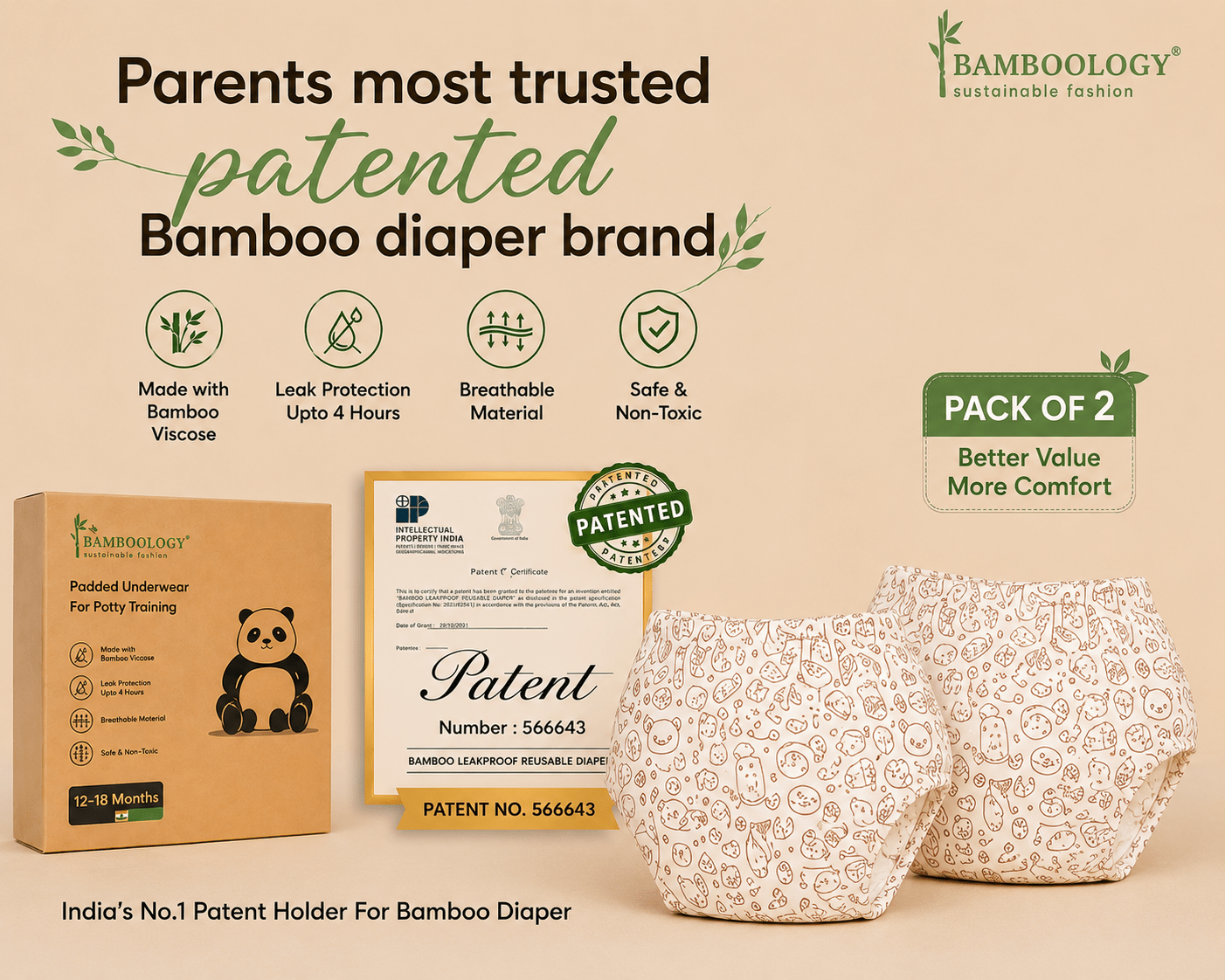 Patented Bamboo Leak-proof Reusable Baby / kids Diaper | Pack of 2 – Baby Diapers on Brown Living™. SKU: KIDS-DIAPER-3-TO-6--MONTH-BEIG. Img 4.