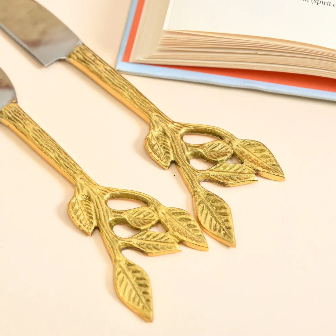 Patram Cheese & Serving Knives | Brass & Steel | Set of 4 – Kitchen Tools by Pravaah India available on Brown Living™. . SKU: PRA23HD002NBL. Img 2.