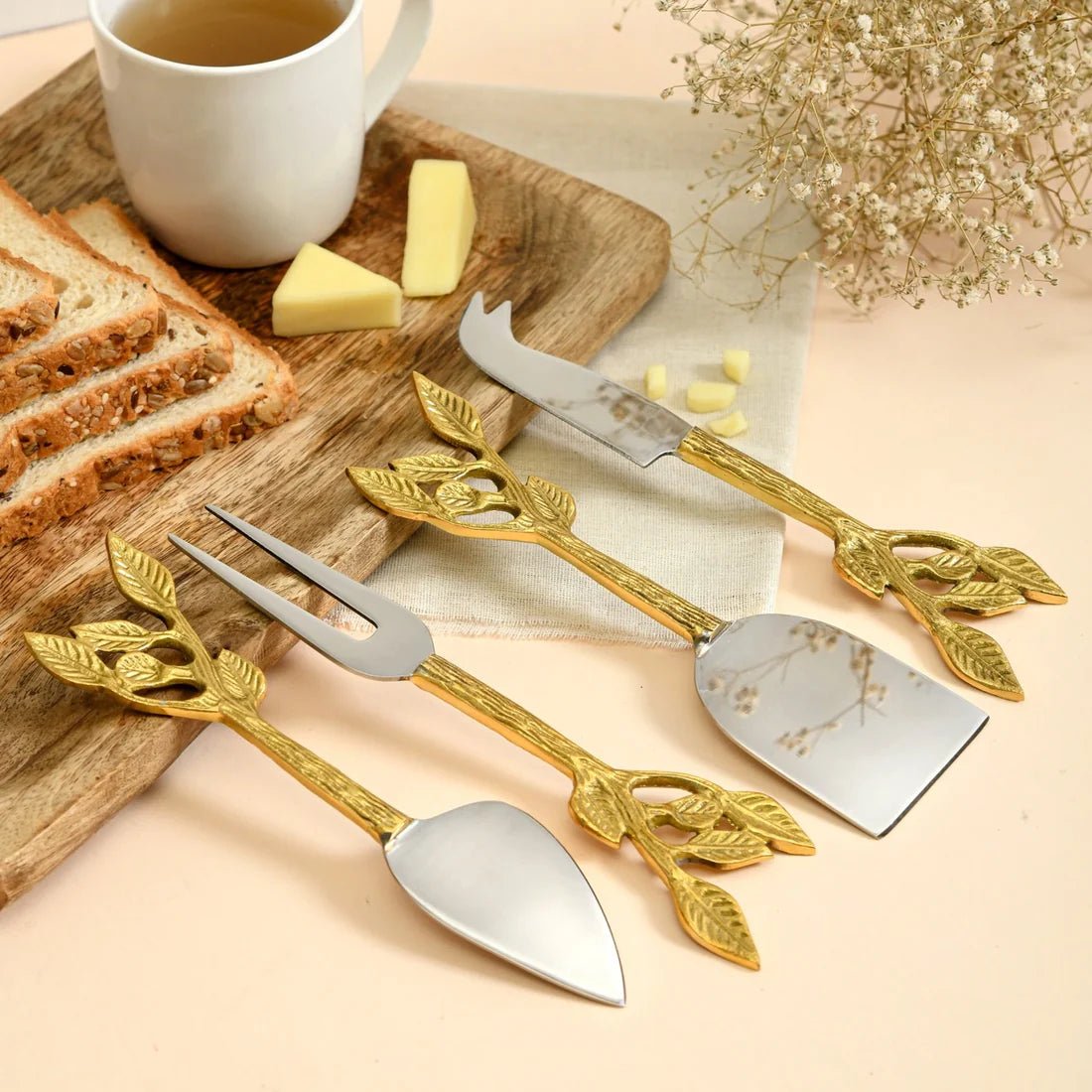 Patram Cheese & Serving Knives | Brass & Steel | Set of 4 – Kitchen Tools by Pravaah India available on Brown Living™. . SKU: PRA23HD002NBL. Img 3.