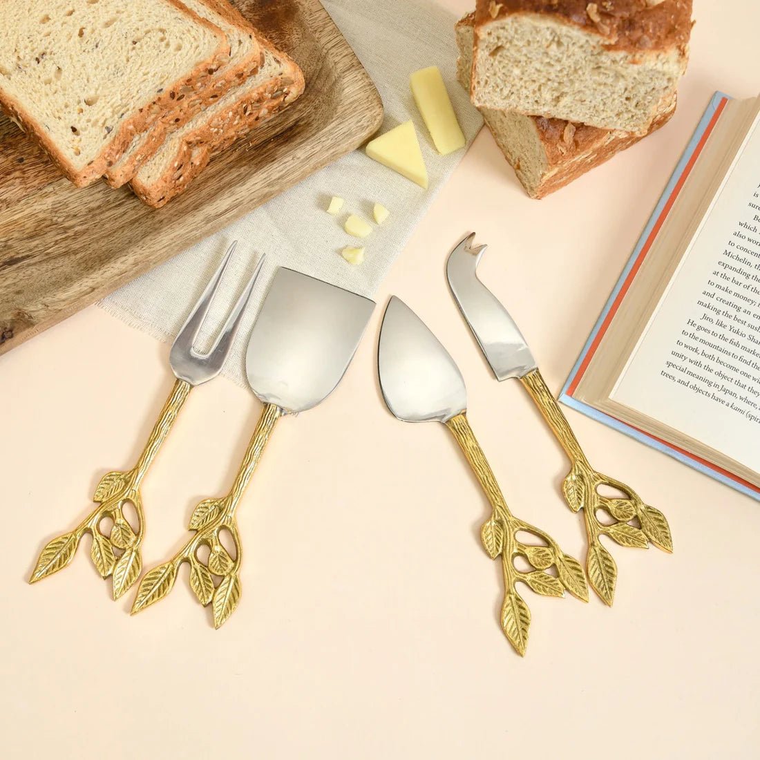Patram Cheese & Serving Knives | Brass & Steel | Set of 4 – Kitchen Tools by Pravaah India available on Brown Living™. . SKU: PRA23HD002NBL. Img 1.