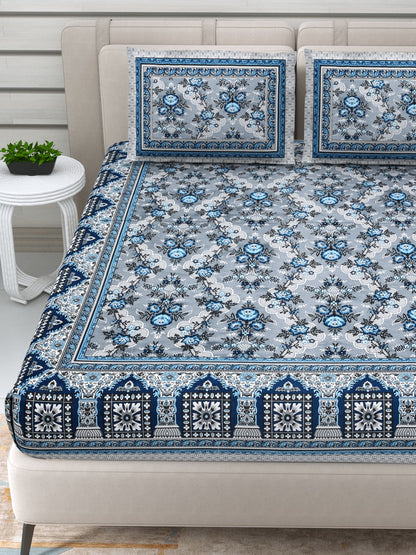 Jaipuri Hand Printed Queen Size Cotton Bedding Set - Blue | Verified Sustainable by Brown Living™