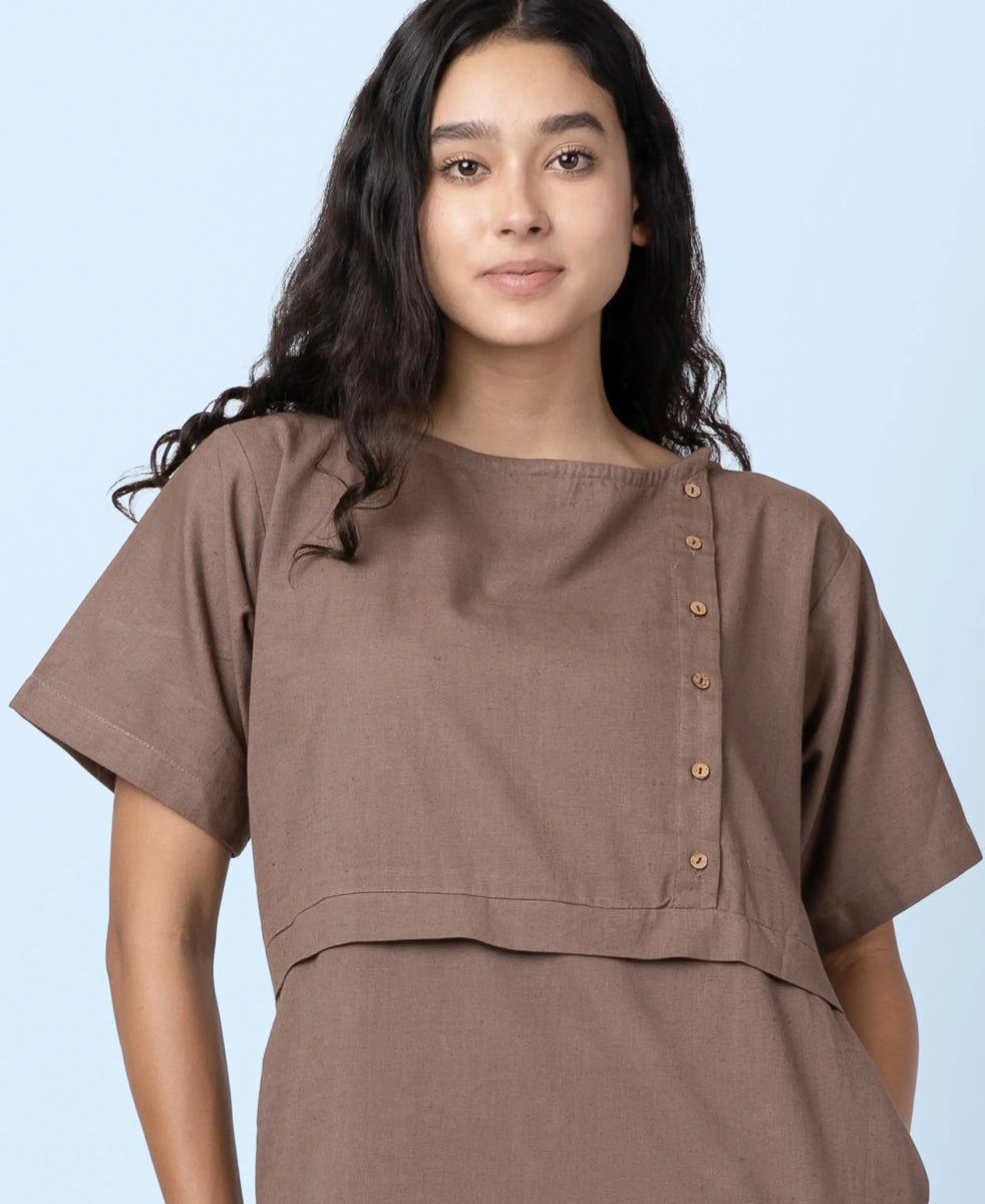 Paty – Handwoven Cotton Linen Sheath Dress – Womens Dress by Phuhar's available on Brown Living™. Brown Xs. SKU: pH1261. Img 6.