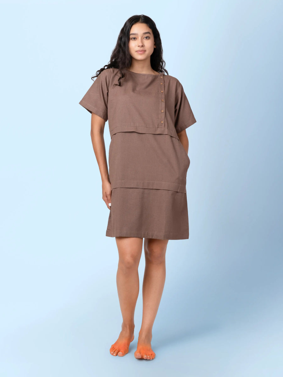 Paty – Handwoven Cotton Linen Sheath Dress – Womens Dress by Phuhar's available on Brown Living™. Brown Xs. SKU: pH1261. Img 4.