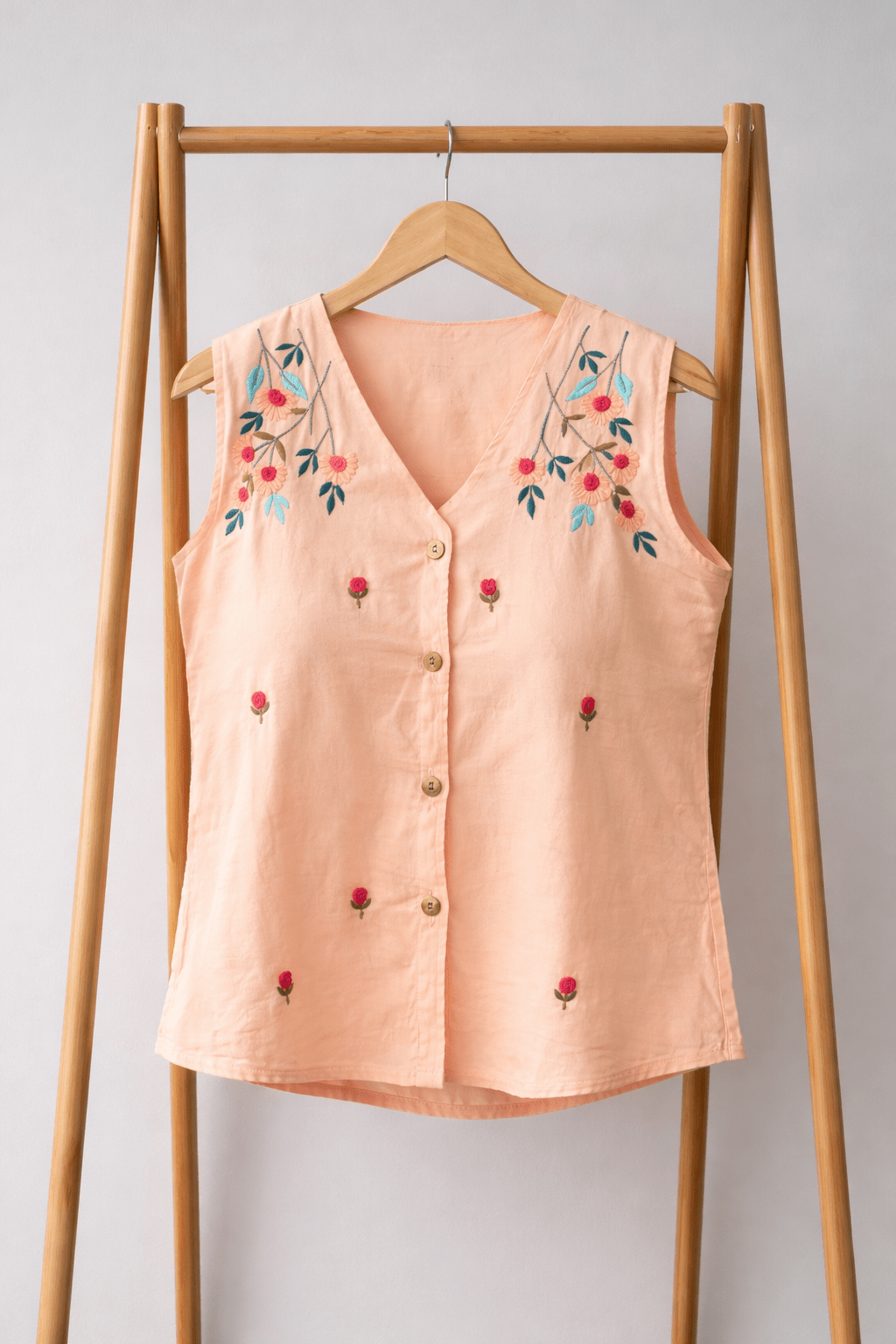 Peach Floral Embroidered Sleeveless Co-Ord Set | Women’s Wear – Womens Co-Ord Sets on Brown Living™. SKU: PEACH-COR. Img 1.