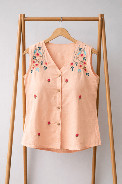 Peach Floral Embroidered Sleeveless Co-Ord Set | Women’s Wear – Womens Co-Ord Sets on Brown Living™. SKU: PEACH-COR. Img 1.