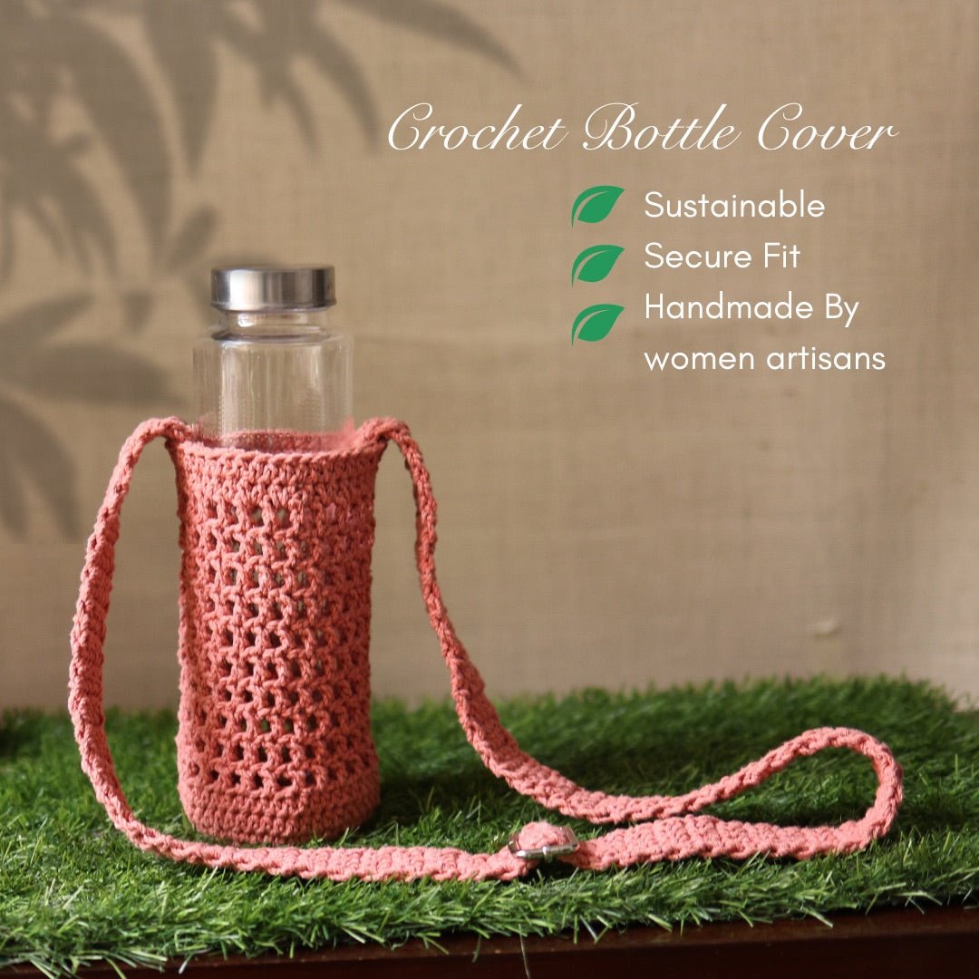 Peach Handmade Crochet Sling Bottle Cover | Verified Sustainable by Brown Living™