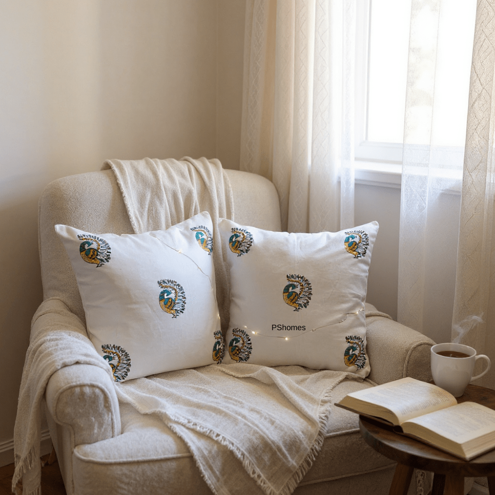 Peacock Cotton Cushion Covers – Set of 4 – 16x16 – Block Print – Covers & Inserts on Brown Living™. SKU: CUSBLUPEAK16164. Img 12.