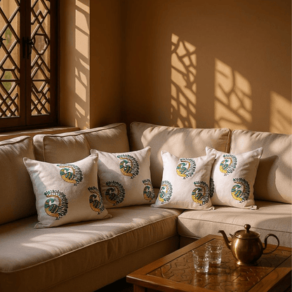 Peacock Cotton Cushion Covers – Set of 4 – 16x16 – Block Print – Covers & Inserts on Brown Living™. SKU: CUSBLUPEAK16164. Img 11.