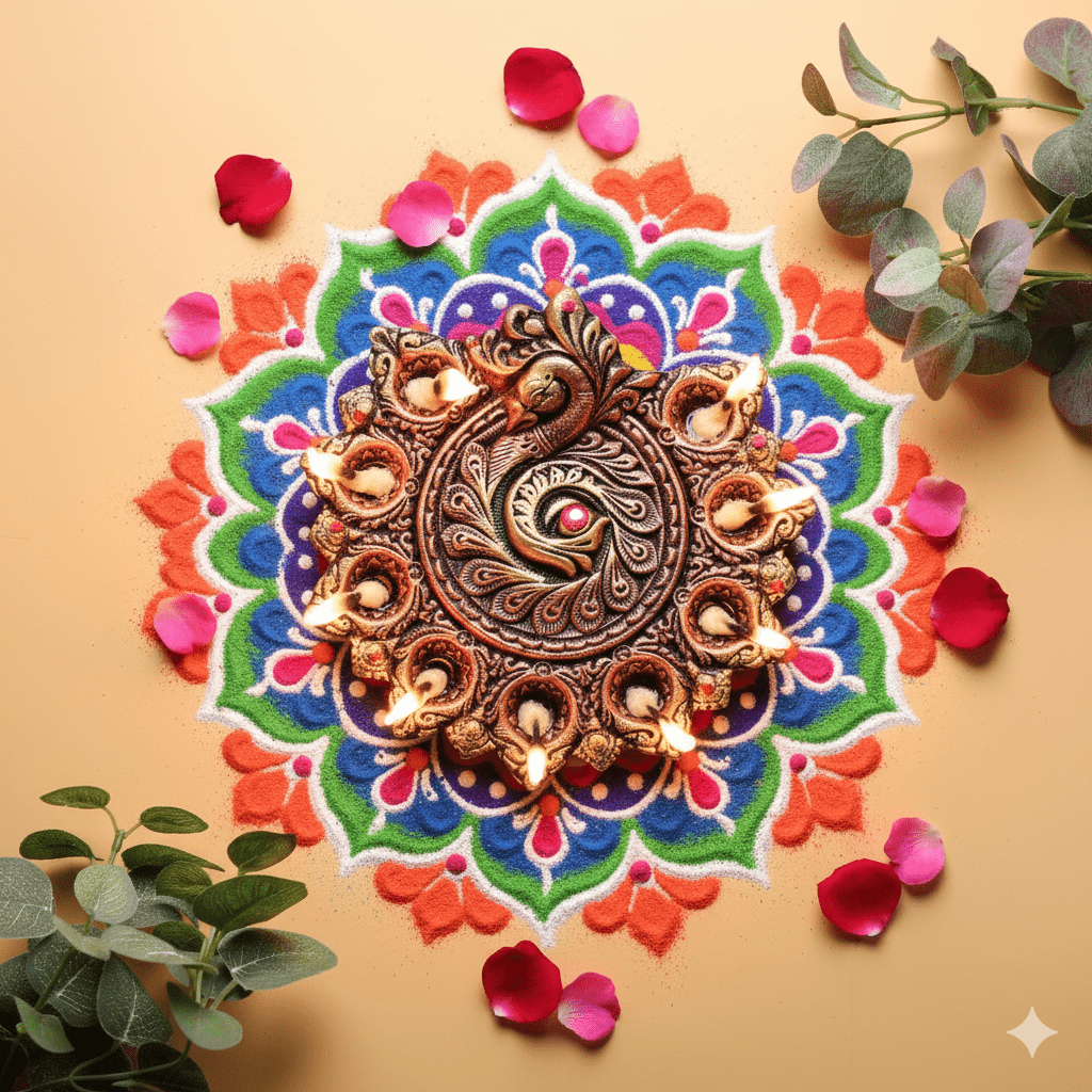 Peacock Design 9 - Diya Platter – Vibrant Diwali Home Accent – Home Decor on Brown Living™. SKU: D82. Img 4.