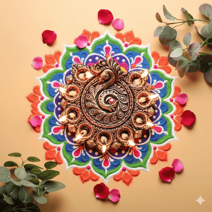 Peacock Design 9 - Diya Platter – Vibrant Diwali Home Accent – Home Decor on Brown Living™. SKU: D82. Img 4.