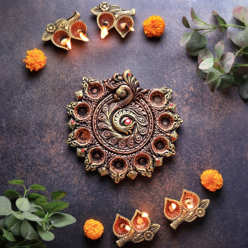 Peacock Design 9 - Diya Platter – Vibrant Diwali Home Accent – Home Decor on Brown Living™. SKU: D82. Img 1.