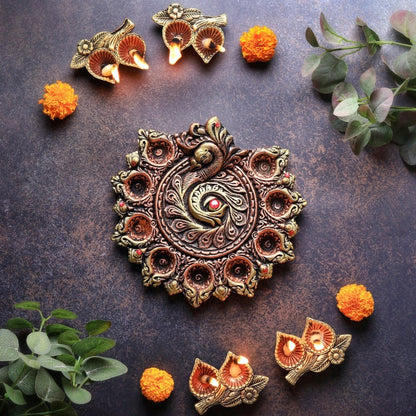Peacock Design 9 - Diya Platter – Vibrant Diwali Home Accent – Home Decor on Brown Living™. SKU: D82. Img 1.