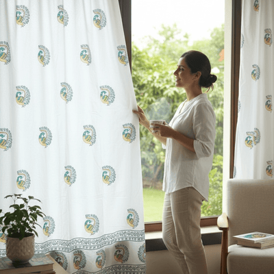 Peacock Print Cotton Door Curtain 7x4 Feet (Set of 2) – Curtains on Brown Living™. SKU: CUR-TULIPS-7FEET-2PCS. Img 7.