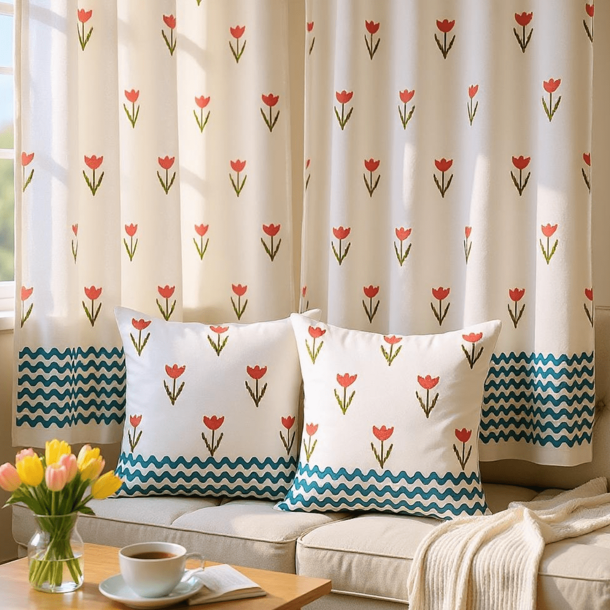 Peacock Print Cotton Door Curtain 7x4 Feet (Set of 2) – Curtains on Brown Living™. SKU: CUR-TULIPS-7FEET-2PCS. Img 8.