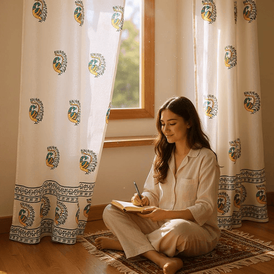 Peacock Print Cotton Door Curtain 7x4 Feet (Set of 2) – Curtains on Brown Living™. SKU: CURPEAK7FEET. Img 1.