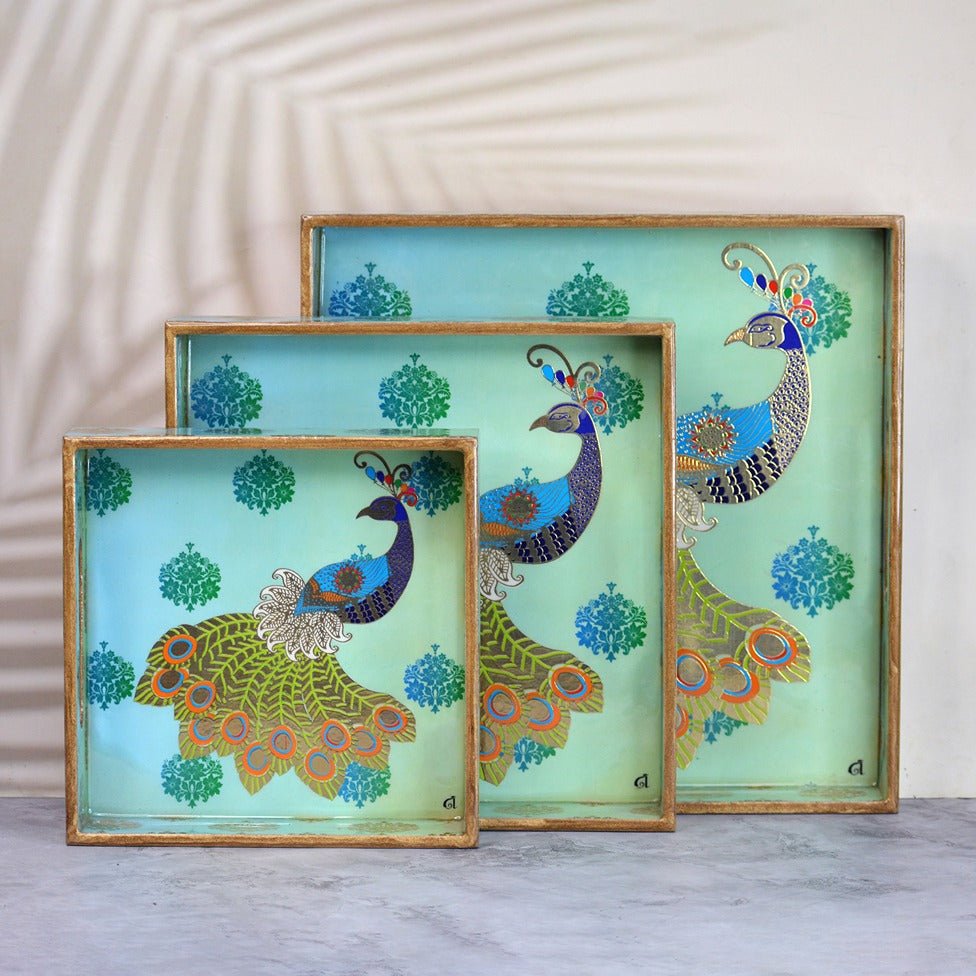 Peacock Themed Square Tray (Set of 3) – Trays & Platters by The Mohraj available on Brown Living™. . SKU: MJ00104TY3012. Img 1.
