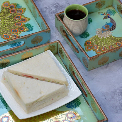 Peacock Themed Square Tray (Set of 3) – Trays & Platters by The Mohraj available on Brown Living™. . SKU: MJ00104TY3012. Img 2.