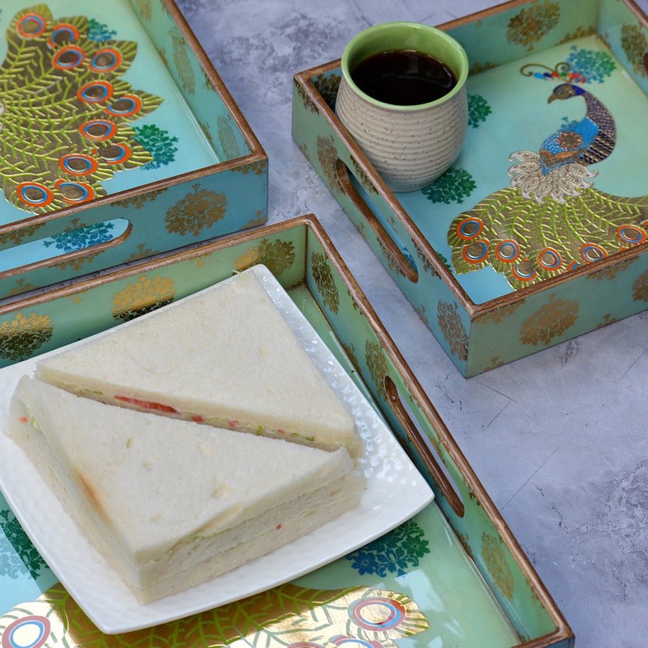 Peacock Themed Square Tray (Set of 3) – Trays & Platters by The Mohraj available on Brown Living™. . SKU: MJ00104TY3012. Img 2.