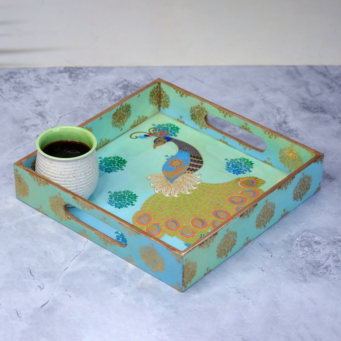 Peacock Themed Square Tray (Set of 3) – Trays & Platters by The Mohraj available on Brown Living™. . SKU: MJ00104TY3012. Img 3.
