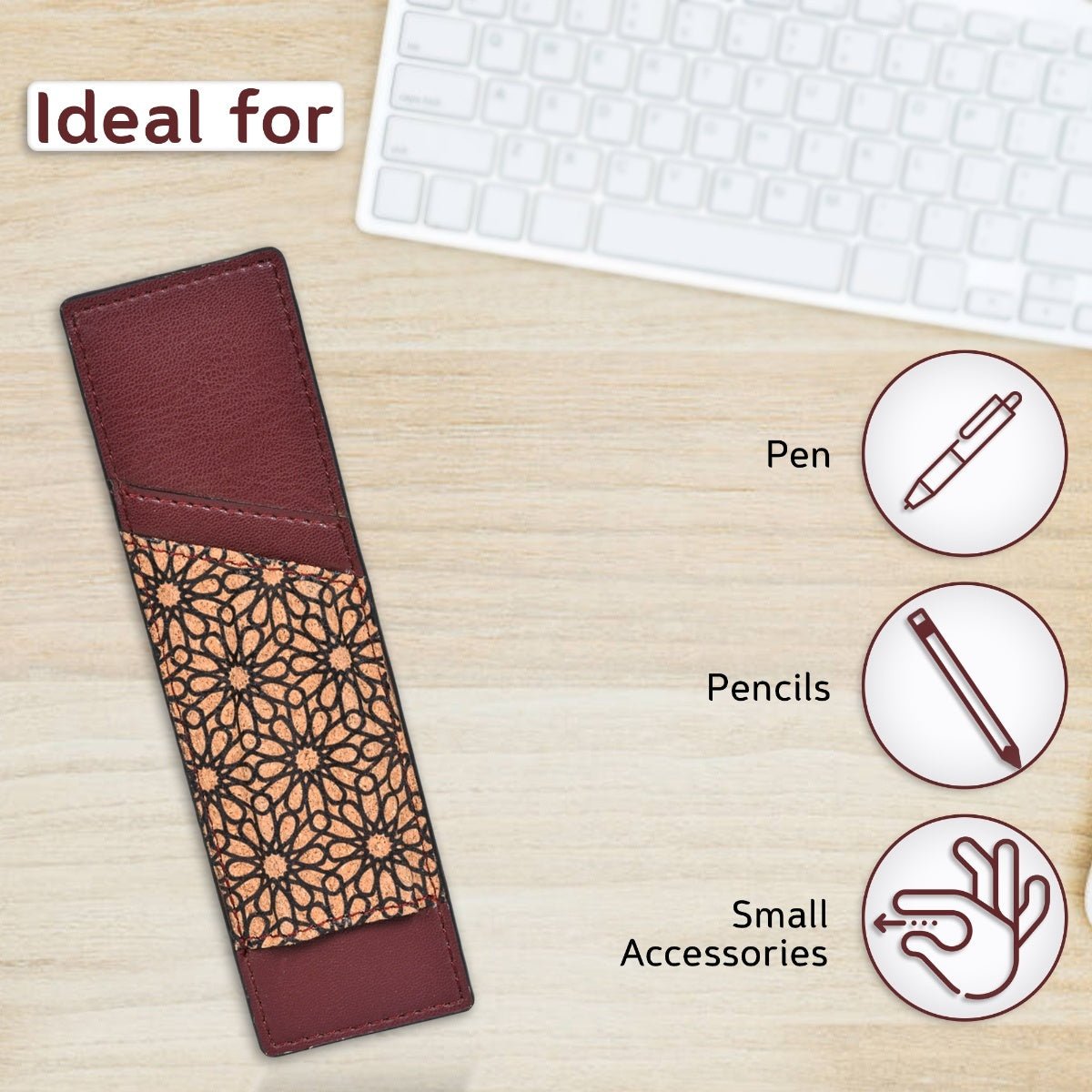 Pen Holder with Slot – Vegan Leather & Printed Cork (Maroon) – Bookmarks on Brown Living™. SKU: CPBMGH0001. Img 3.
