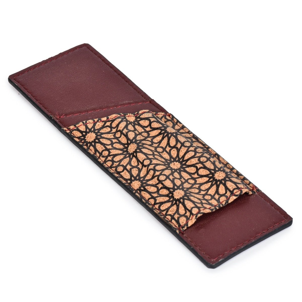 Pen Holder with Slot – Vegan Leather & Printed Cork (Maroon) – Bookmarks on Brown Living™. SKU: CPBMGH0001. Img 6.